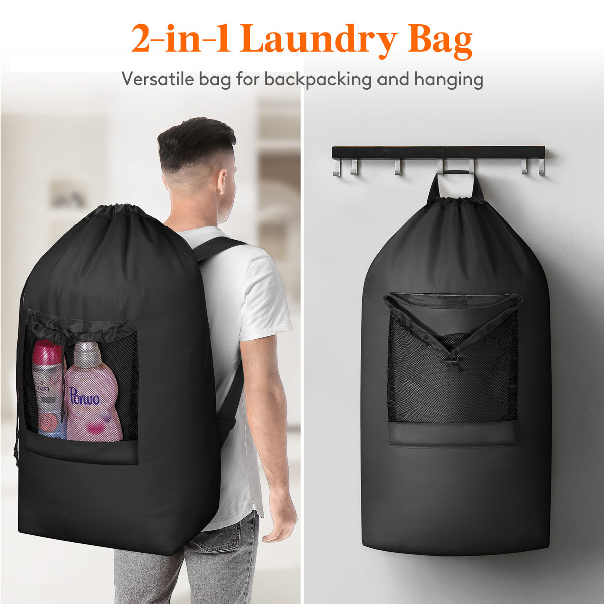 90L Laundry Bag, Extra Large Laundry Backpack with Shoulder Straps and Mesh Pocket for Laundromat, Heavy Duty Laundry Bag Backpack for Dirty Clothes for College Dorm/Travel/Apartment, Black